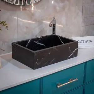 Lavabo sur pied chromé moderne de luxe avec vasque en marbre irrégulière et égouttoir inclus pour hôtels, villas, centres commerciaux et usage commercial - Product Image 1