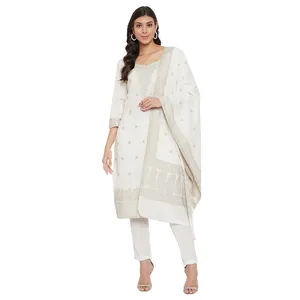 Collection Safaa Été 2026 : Ensemble en coton tissé Chikankari gris de qualité supérieure – Tissu non coupé avec dupatta - Product Image 1