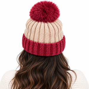 Wholesale Color <b>block</b> Pompom Beanie Unisex Chunky Knit Winter Hat Custom Metal Badge Ribbed Cuff Fashion Warm Cap B2B Supplier - Product Image 2
