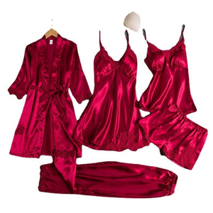 <b>Women</b> Satin <b>Robe</b> Set 4 Piece Long Sleeve Lace Trim Sleepwear Elegant Nightdress Pajamas Full Length Solid Color Autumn Wear - Product Image 2