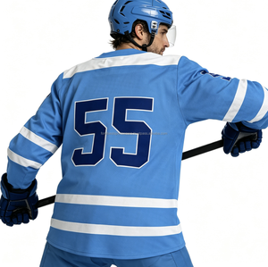 Maillot de hockey sur glace bleu personnalisé pour homme, respirant, écologique, imprimé numériquement, col en V, manches longues, 100 % polyester, maille color block - Product Image 3