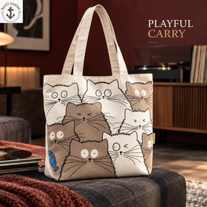 Cat Print <b>Canvas</b> <b>Tote</b> with Long Handles for Everyday Carry | Natural Shopping Shoulder <b>Bag</b> with Soft Structure for Daily Travel - Product Image 2