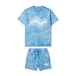 Men's Solid Blue Two-Piece <b>Set</b> Crew Neck T-Shirt Shorts Casual Summer Wear Breathable Knitted Bamboo Fiber Front Logo - Product Image 1
