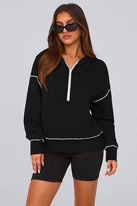 Women's <b>Black</b> Hooded Zip Front Sweatshirt <b>Long</b> <b>Sleeve</b> Casual Solid Color Knitted Pullover Autumn Wear - Product Image 4