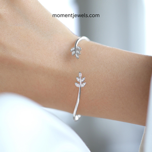 Antique Silver Leaf Open Bangle <b>Bracelet</b> Zircon Inlay Alloy Geometric Jewelry for Gift Party Wedding - Product Image 4