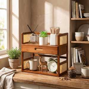 Wooden Three Tier <b>Storage</b> <b>Rack</b> For <b>Kitchen</b> Countertop Spice Organization Minimalist Style Durable Standing Type with drawer - Product Image 4