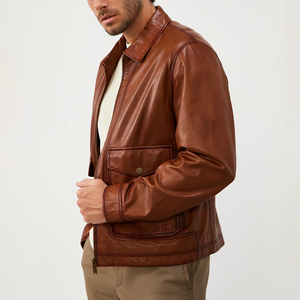 Veste en cuir marron pour homme, col rabattu, fermeture éclair, style décontracté, pour l'automne, manches classiques, couleur unie - Product Image 2