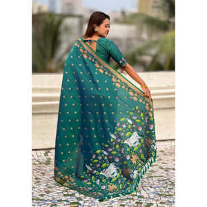 Sari en soie Pichwai tissé en zari vert, robes de soirée élégantes - Product Image 4