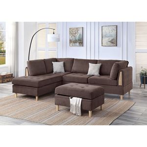 Set Divano Componibile Reversibile 3 Pezzi, Arredamento Soggiorno, Divano in Ciniglia Color Cioccolato con Chaise Longue Reversibile - Product Image 1