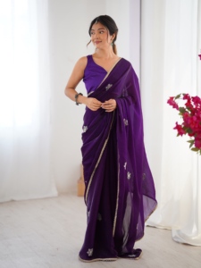 Sari en soie multicolore brodé de perles avec bordure dorée, séchage rapide, pour femme, idéal pour les fêtes et mariages, tenue traditionnelle indienne et pakistanaise - Product Image 3