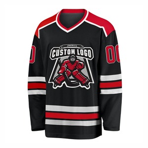 Camiseta de Hockey sobre Hielo Personalizada para Hombre, Cuello Redondo, Manga Larga, Impresión Sublimada, Transpirable, Absorbe la Humedad, 100% Poliéster, Negro, Rojo, Blanco - Product Image 1
