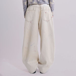 กางเกงยีนส์ผู้ชายแบบสั่งทำพิเศษ พ่นสีเดนิมสีพื้น สไตล์สกปรก กางเกงยีนส์ทรงตรงหลวมๆ สตรีทแวร์ กางเกงขายาวสีขาว - Product Image 4