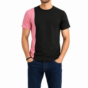 T-shirt décontracté tricoté à manches courtes col rond noir et rose pour homme, coupe régulière, respirant, polyester 220g, bordure contrastante - Product Image 2