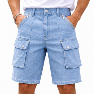 Shorts cargo en jean pour hommes, délavé clair, style streetwear décontracté, multi-poches, coupe ample, en coton, pour l'été, vente en gros - Product Image 1