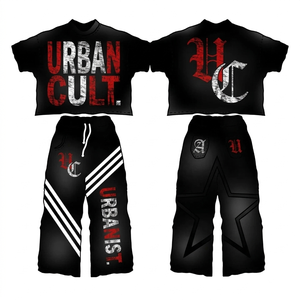 Conjunto de camiseta y pantalones de algodón grueso de 320 GSM con estampado de logotipo personalizado en color rojo degradado, corte holgado, para mujer. - Product Image 2