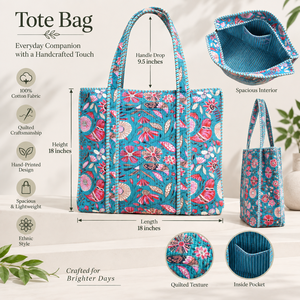 Sac fourre-tout en coton matelassé fait main, motif ethnique imprimé à la main aux couleurs vives - Product Image 6