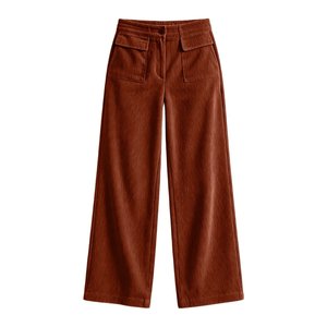 Pantalon large en velours côtelé taille mi-haute pour femme, couleur unie, coupe décontractée, poches utilitaires plates, longueur intégrale, style automne - Product Image 5