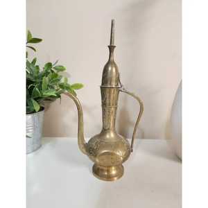 Traditional Tall Neck Brass Arabic <b>Teapot</b> Dallah Antique Hand Carved Middle Eastern Beverage Server Unique Hospitality Giftware - Product Image 1