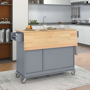 Isola Cucina Mobile con Piano in Legno Massello, Larghezza 52,7 Pollici, Armadietto Contenitore, Ruote Bloccabili, Bar Colazione, Carrello Cucina con Piano Ribaltabile - Product Image 5