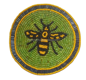 Sous-verre rond perlé fait main avec motif abeille, vert, jaune, noir, style bohème, décoration de table - Product Image 1