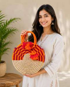 Sac à main rond en paille fait main pour femmes, sac fourre-tout tissé bohème - Product Image 4