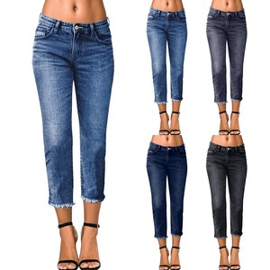 Jeans courts pour femmes à ourlet effiloché, coupe slim droite, en denim extensible, décontractés, hiver, 100% coton, séchage rapide - Product Image 1