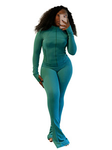 Women's Premium 2 Piece Winter Workout Set Long Sleeve Crop Top <b>Flare</b> <b>Leggings</b> Activewear Yoga Fitness Tracksuit - Product Image 3