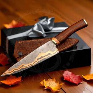 Couteau de Chef de Luxe Fait Main pour le Camping, Lame en Acier Damas, Manche en Bois, Personnalisable OEM pour Cadeau d'Anniversaire et de Noël - Product Image 3