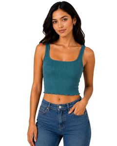Top corto acanalado para mujer, color verde azulado, sin mangas, cuello cuadrado, ajuste ceñido, de punto de algodón elástico, estilo casual de verano, chaleco personalizado para mujer - Product Image 1
