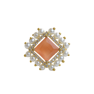 Anillo de piedra naranja de Laxmi Jewellers, anillo de cóctel ajustable chapado en oro con perlas y circonia, joyería fina para mujer - Product Image 1