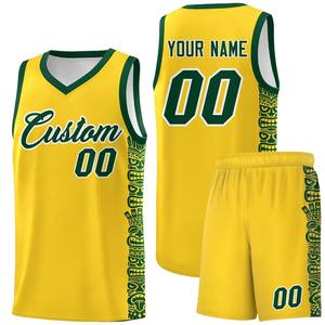 Ensembles personnalisés en or et vert avec impression personnalisée, tissu polyester léger et confortable, uniforme de sport, maillot de basket-ball - Product Image 1