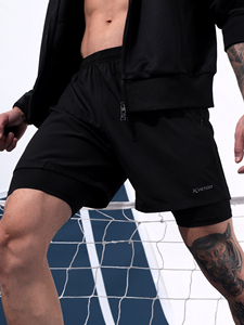 Kvetoo Black Woven Solid 2-<b>Layer</b> 140g Polyester Breathable Quick Dry <b>Mid</b> Waist String Elastic Running Shorts Men-Fitness Sports - Product Image 1