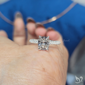 2CT Elongated Cushion Cut Lab Grown Diamond Ring Three <b>Row</b> Pave Band Balanced Elegant Form 10K White Gold - Product Image 4