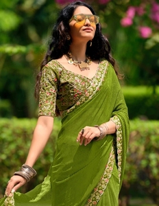 Sari en Georgette Brodé Rayé pour Femme KV, Style Bollywood, avec Blouse Non Cousue (Vert), Réversible, Séchage Rapide, Infroissable, Idéal Mariage - Product Image 3