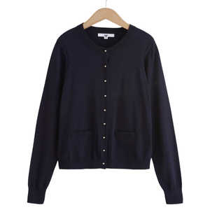 <b>Navy</b> Soft Touch 60% Cotton 40% Viscose V-Neck Long Sleeve Button Front <b>Cardigan</b> for Women with Pockets ODM Wholesale - Product Image 3