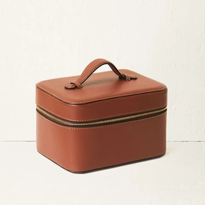 Leather Cosmetic Case <b>Medium</b> Size Zipper Closure Classic Style Soft Handle <b>Brown</b> Color <b>Brown</b> leather makeup bag - Product Image 1