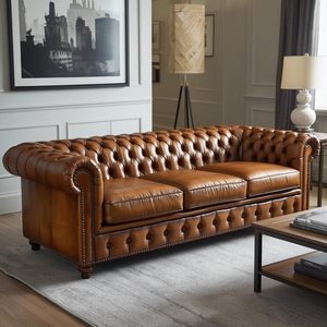 Sofá Chesterfield Tradicional de Cuero Marrón de 3 Plazas con Brazos Enrollados y Tapizado Clásico para Sala de Estar, Oficina, Hotel - Product Image 3