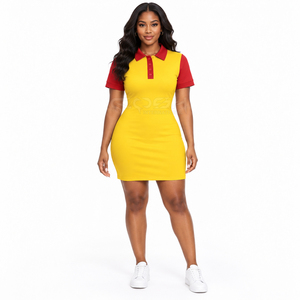 Cosh International Sorority Sisterhood Yellow <b>Red</b> Contrast Color Polo Neck Bodycon Mini <b>Dress</b> <b>Short</b> Sleeve Fitted Casual Summer - Product Image 1