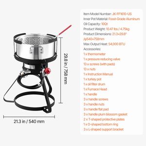 Kit Friggitrice a Propano in Alluminio da 10 Qt per Esterni con Termometro e Cestello Scolapasta per Frutti di Mare e Ali di Pollo - Product Image 3