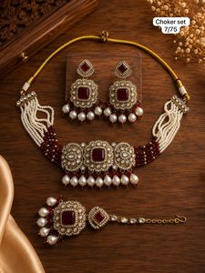 Conjunto de Gargantilla Étnica de Latón con Perlas de Imitación y Pendientes de Corazón Chapados en Oro, de Moda, para Boda de Mujer - Product Image 5
