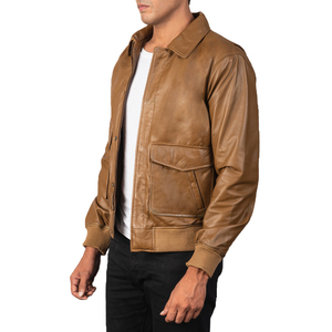 Unisex Tan Genuine Leather Motorcycle Bomber Jacket Classic Flap Pocket Design Ribbed Hem Casual Eco-Friendly <b>Waterproof</b> Front - Product Image 2