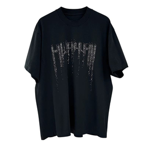 Camiseta de punto de algodón 100% con estampado de diamantes de imitación y purpurina para hombre, talla grande, negra, de manga corta, estilo casual urbano, 4XL - Product Image 1