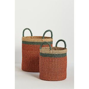 Ensemble de paniers de rangement en jonc de mer naturel tressé à la main, paniers décoratifs ronds modernes pour l'organisation de la maison avec poignée verte robuste - Product Image 1