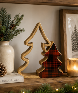 Décoration de table de Noël en bois, motif à carreaux écossais, sculpture décorative en bois de manguier naturel pour cheminée de Noël - Product Image 1