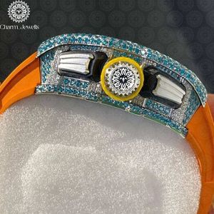 Montre de luxe Charm_Jewells en acier inoxydable, cadran analogique, verre saphir, lunette sertie de pierres bleues, bracelet en silicone orange, unisexe - Product Image 2