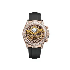 Montre de luxe pour homme avec cadran en diamant CZ, mouvement à quartz, boîtier rond en acier inoxydable, bracelet marron de 20 mm, style hip-hop, affichage de la date - Product Image 1