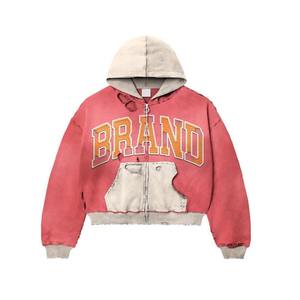 <b>Mens</b> distressed zip up crop hoodie oversized vintage style streetwear <b>jacket</b> custom embroidered logo sweatshirt - Product Image 5