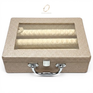 Wholesale Premium Bangle <b>Bracelet</b> Jewelry <b>Box</b> Transparent Lid Portable Carry Handle Design with Hasps Plain PU Leather - Product Image 3