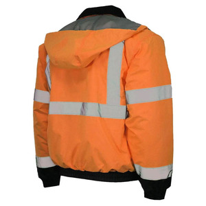 High Visibility Orange Hooded Puffer <b>Jacket</b> <b>With</b> Reflective Tape Windproof Workwear For Men Winter Thick <b>Fleece</b> <b>Lining</b> - Product Image 2