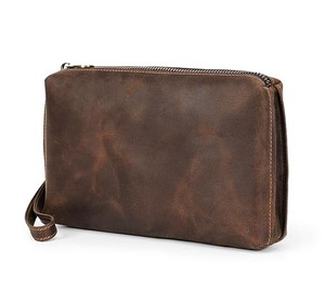 Cartera de mano de cuero genuino para hombre, con cierre de cremallera, estilo vintage, cartera larga, uso diario, duradera, color marrón, portátil, 7 pulgadas - Product Image 4